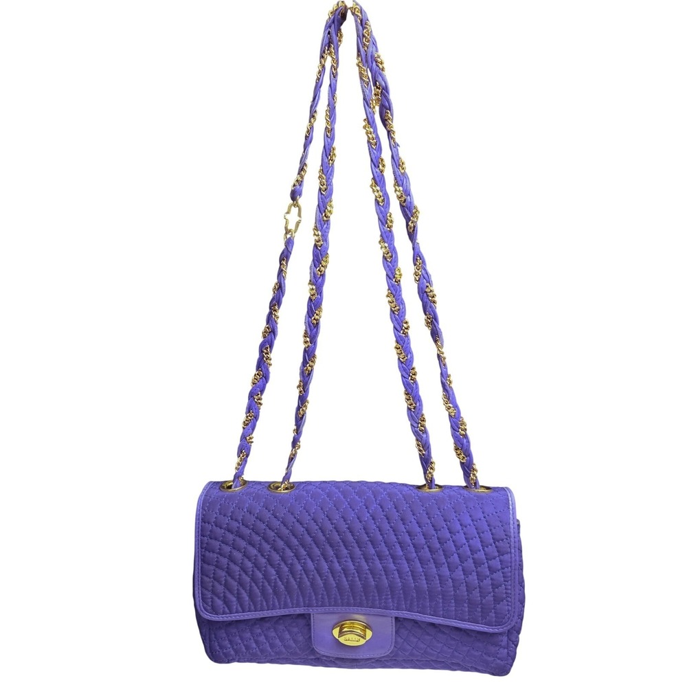 Bally Quilted Nylon Shoulder Bag Purple Violet Gold Chain Strap Italy Purse